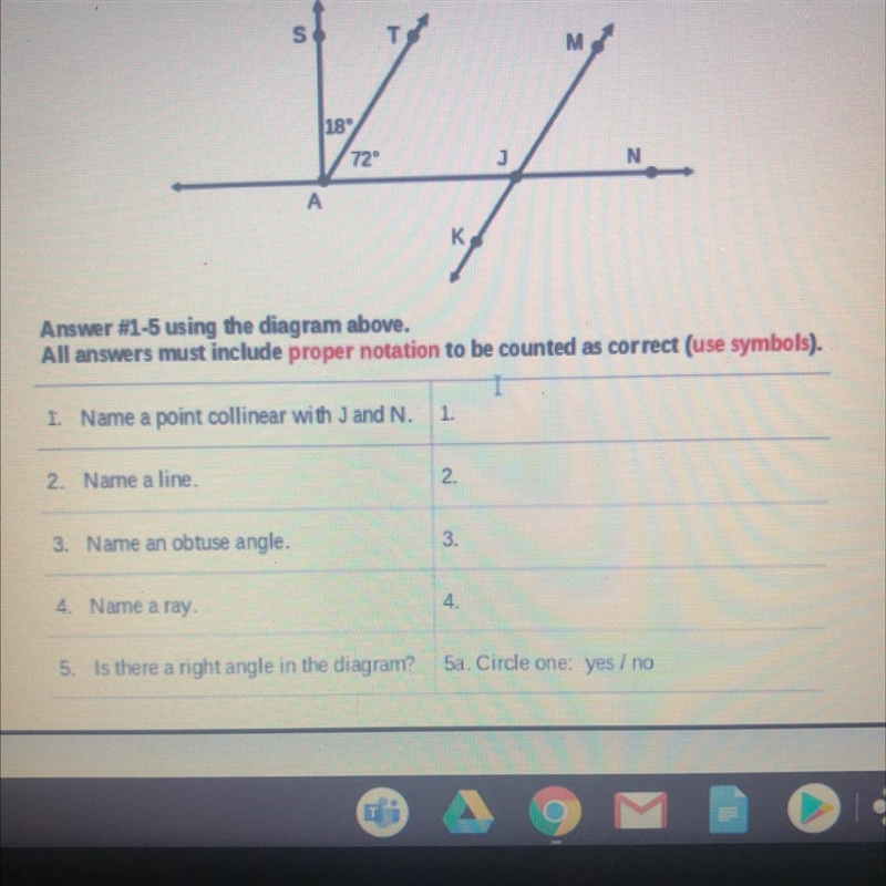 1. Name a point collinear with J and N12 Name a line.123. Name an obtuse angle.3.4 Name-example-1