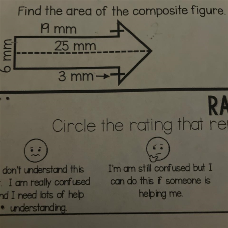 Can anyone Find the area of the composite figure.19 mm 25 mm 3 mm 6mm-example-1