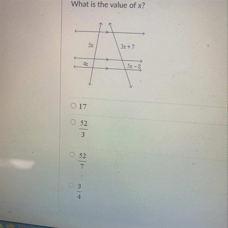 What is the value of x?O 17O 52/3O 52/7O 3/4-example-1