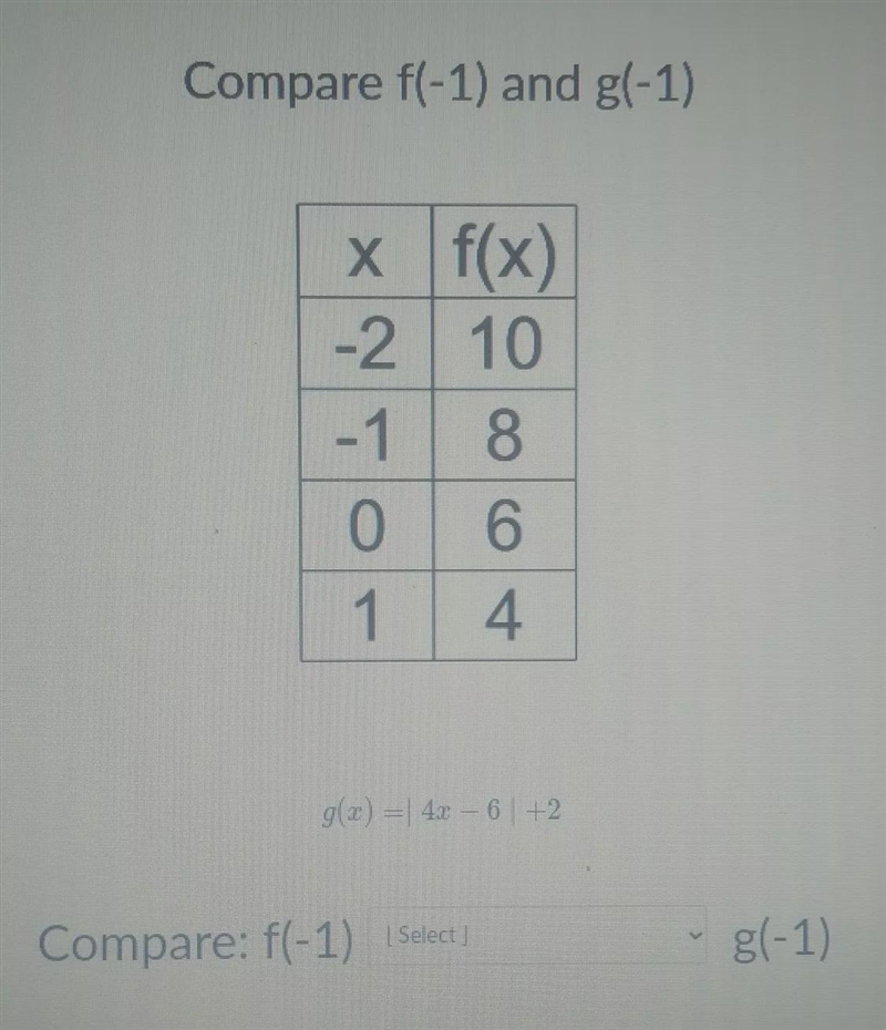 F(-1) and g(-1) g(x)=|4x-6|+2f(-1) is <, >, or = to g(-1)-example-1