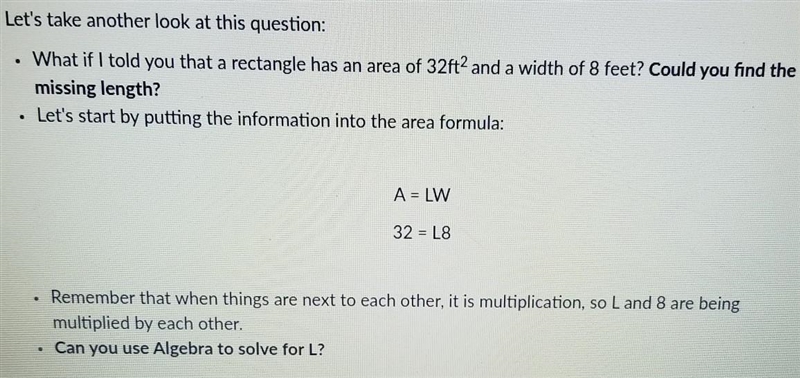 Area of a rectangle is 32ft² and a width of 8ft could you find the missing length-example-1