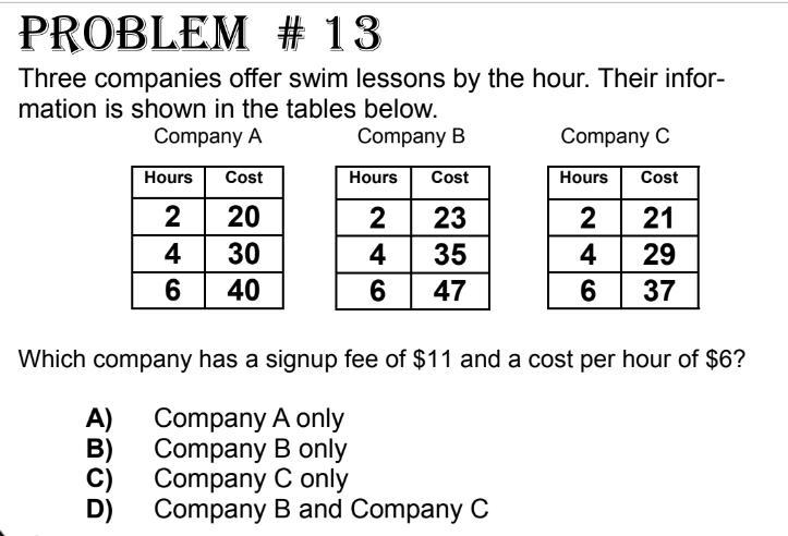 Three companies offer swim lessons by the hour. Their information is shown in the-example-1