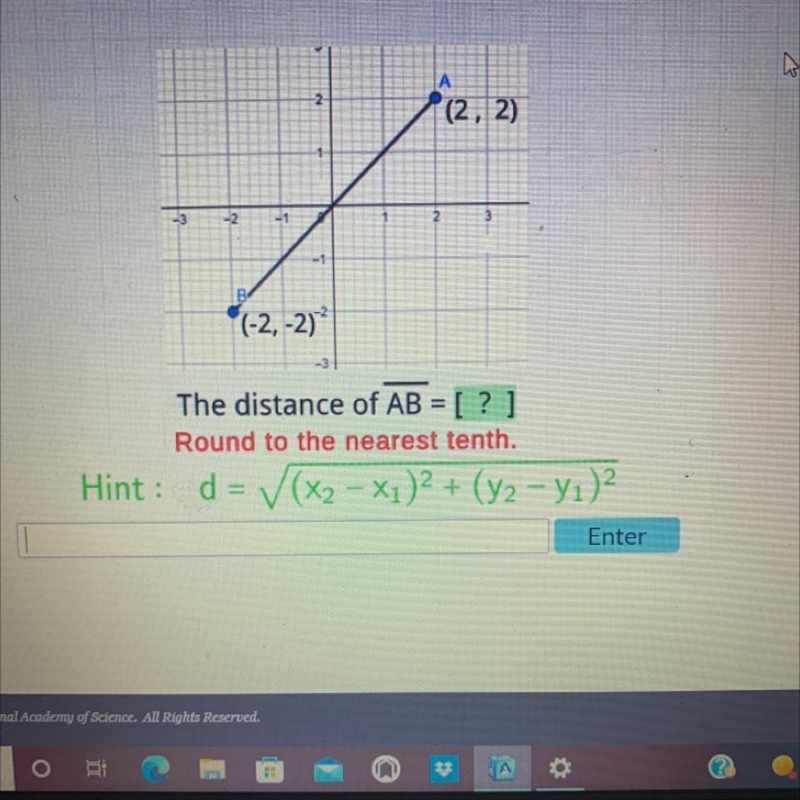 77(-2,-2)A(2, 2)The distance of AB = [? ]Round to the nearest tenth.Hint: d = √(x-example-1