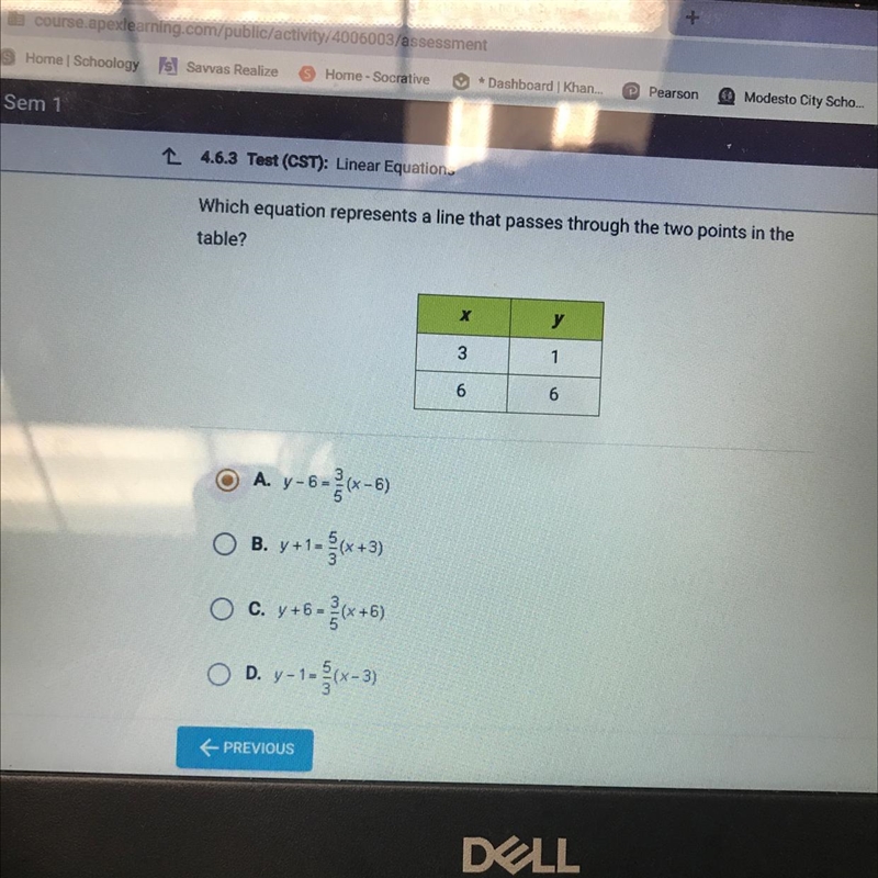 Which equation represents a line that passes through the two points in the table-example-1