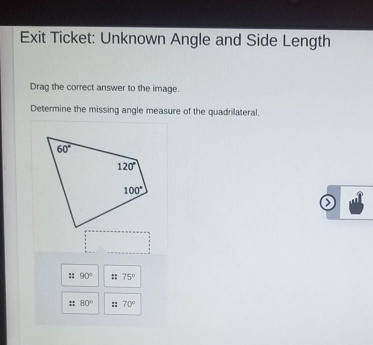 Drag the correct answer to the image. Determine the missing angle measure of the quadrilateral-example-1