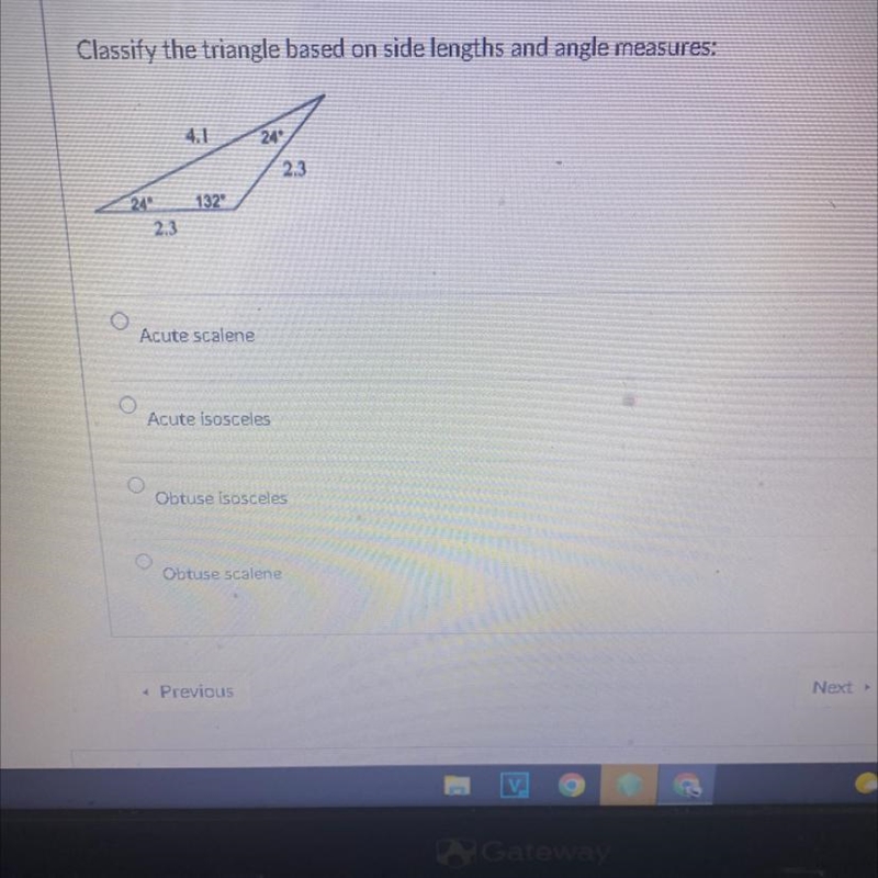 Classify the triangle based on side lengths and angle measures-example-1