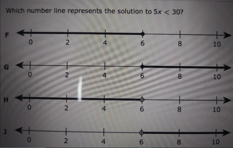 Which number line represents the solution to 5x < 30? F t 8 0 2 4 6 10 G =N + 4 H-example-1