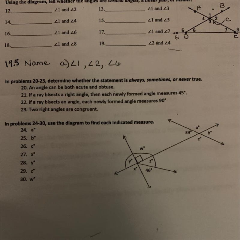 I don’t know how to tell wether the angles are vertical angles, a linear pair, or-example-1