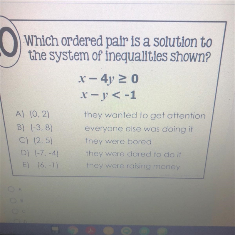 Which ordered pair is a solution tothe system of inequalities shown?-example-1