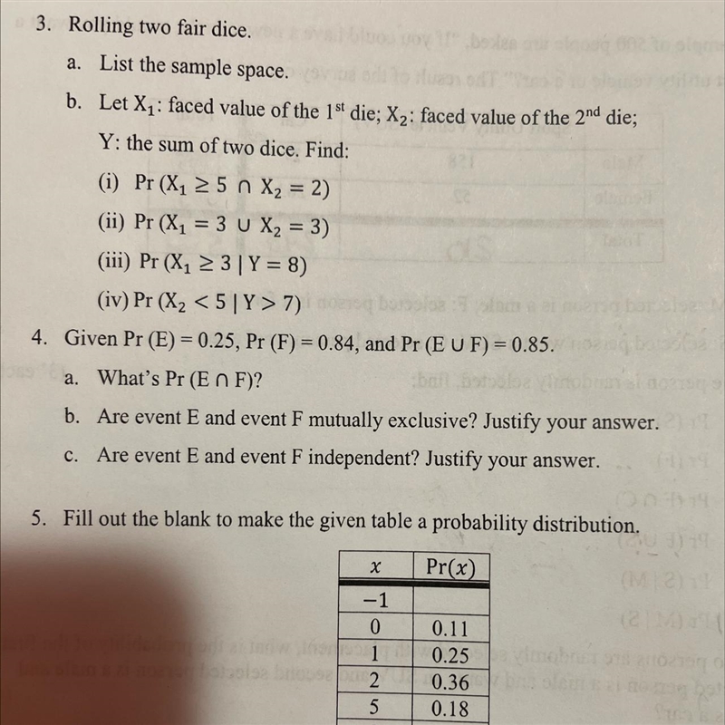 3. Rolling two fair dice.a.List the sample space.b. Let X,: faced value of the 1° die-example-1