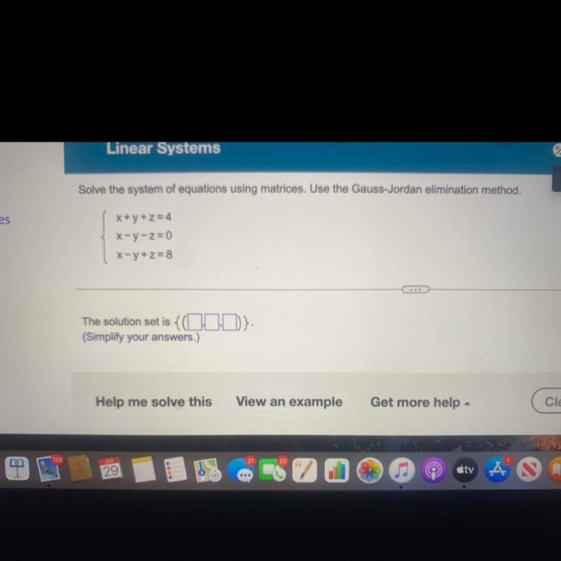 Solve the system of equations using matrices. Use the Gauss- Jordan elimination method-example-1