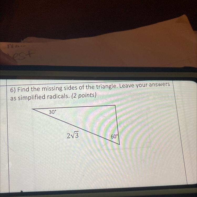 6) Find the missing sides of the triangle. Leave your answersas simplified radicals-example-1