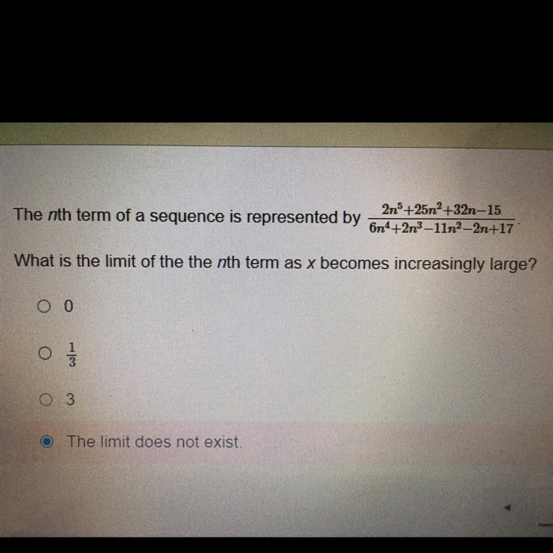 The nth term of a sequence is represented byWhat is the limit of the the nth term-example-1