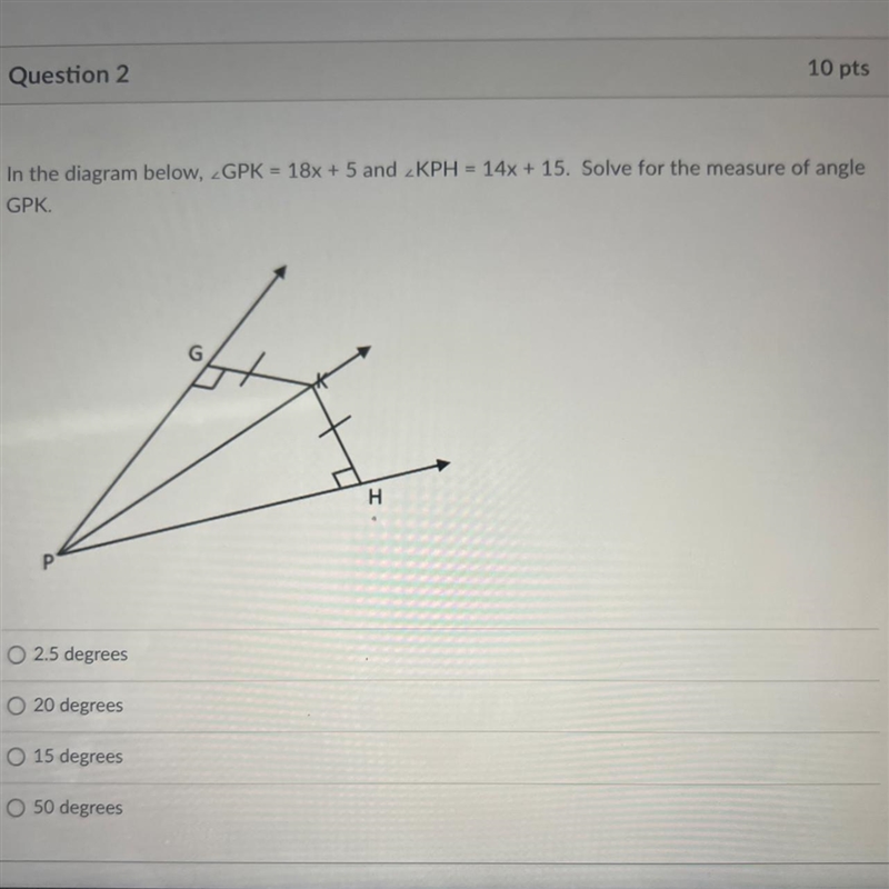 In the diagram below, GPK = 18x + 5 and KPH = 14x + 15. Solve for the measure of angleGPK-example-1