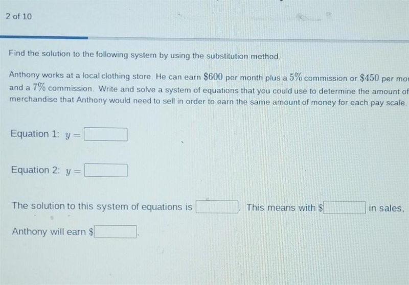 Find the solution to the following system by using the substitution method . VIEW-example-1