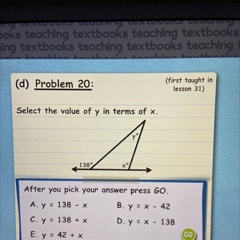 Select the value of y in terms of x. please help-example-1