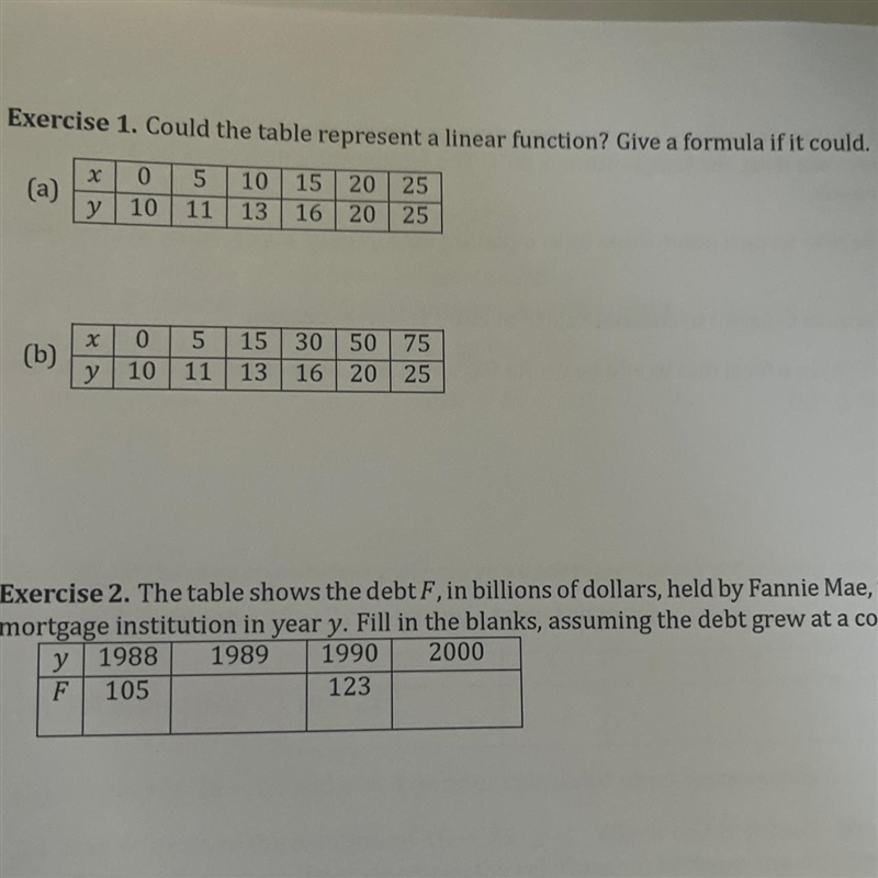 Exercise 1 could the table represent a linear function give a formula if It could-example-1