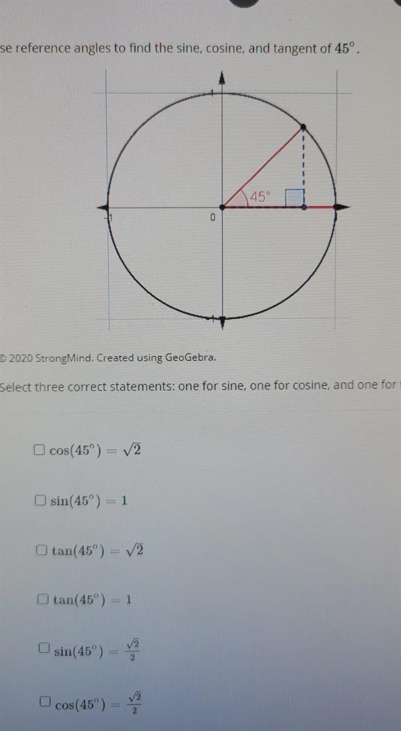 Select 3 statements one for Cosine one for Tangent and one for sine-example-1