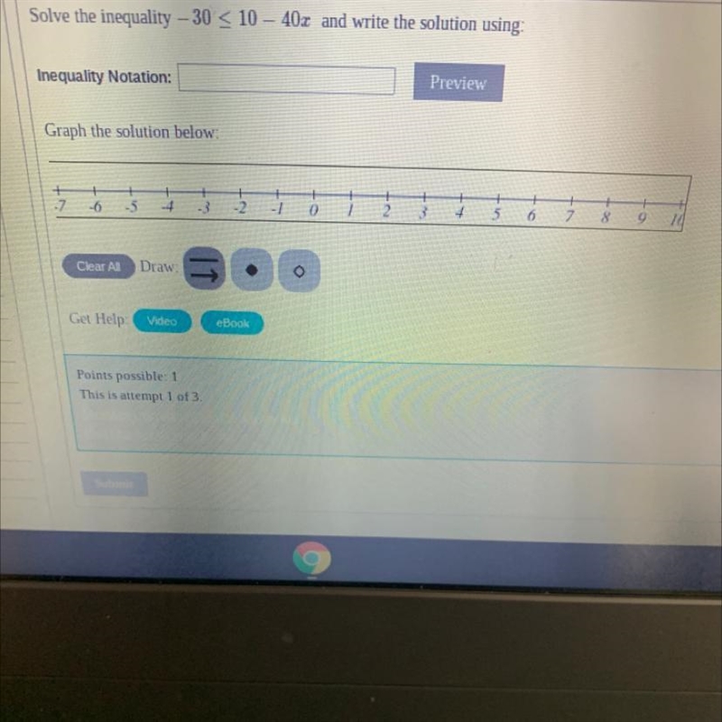 Solve the inequality -30 10-40x and write the solution using: Inequality Notation-example-1