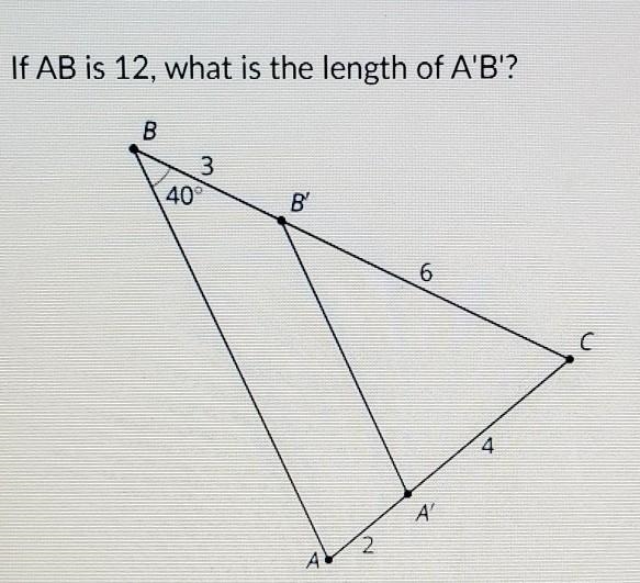 If AB is 12, what is the length of A'B'?-example-1