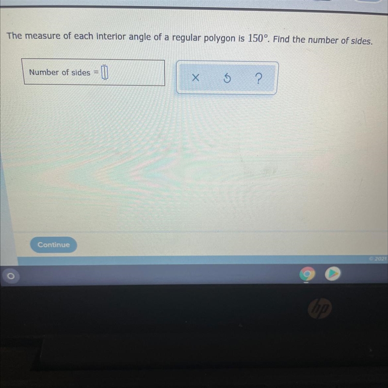 The measure of each interior angle of a regular polygon is 150 find the number of-example-1