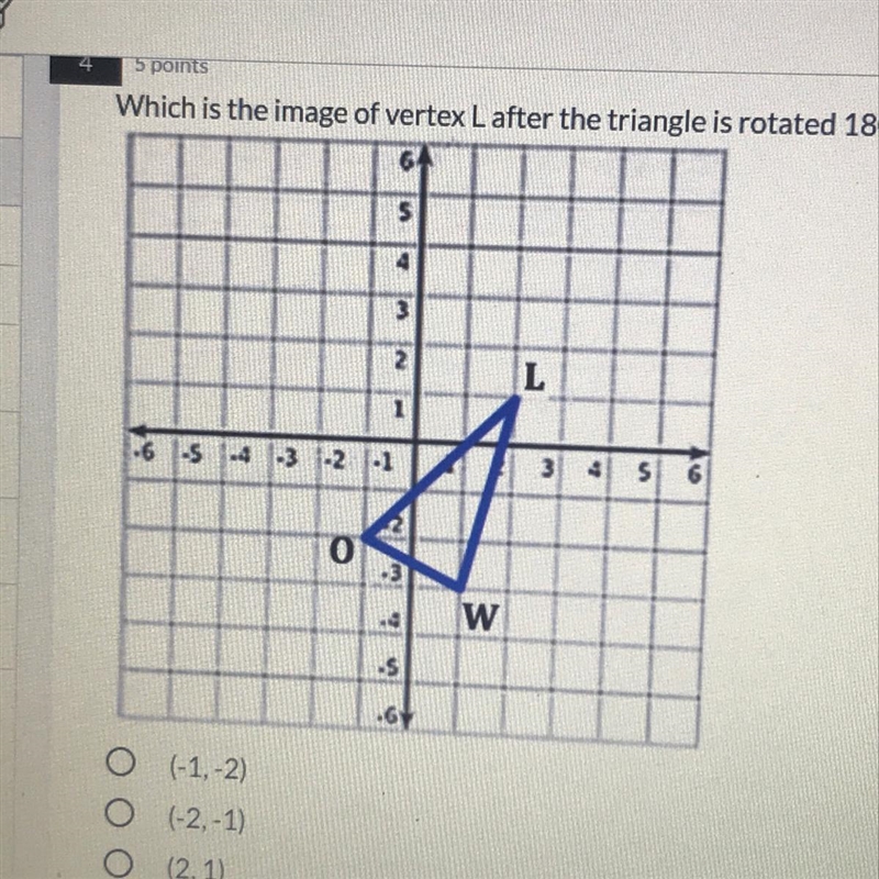 5 pointsWhich is the image of vertex Lafter the triangle is rotated 180 degrees about-example-1