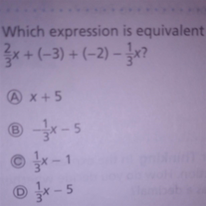 12. Which expression is equivalent to 2 x + (-3) + (-2) – 23x? A x +5 B 1/3x - 5 C-example-1