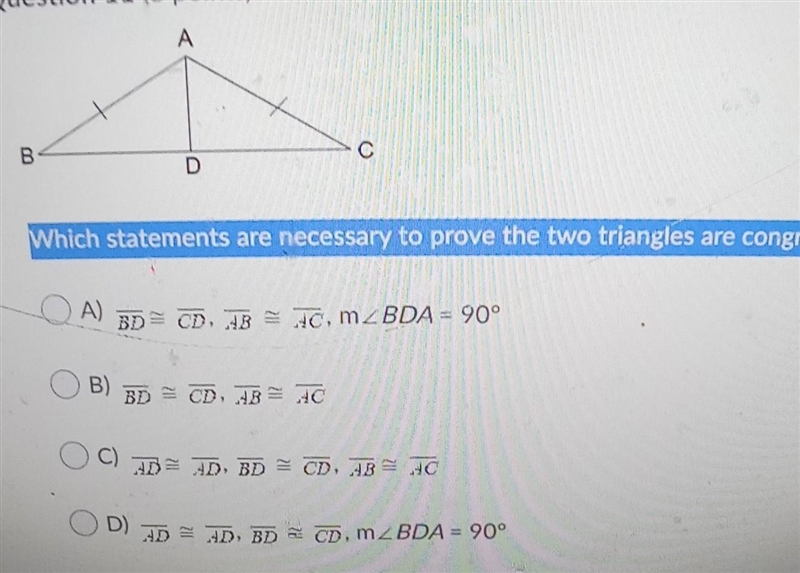 Which statement is necessary to prove the two angles are congruent by SSS-example-1