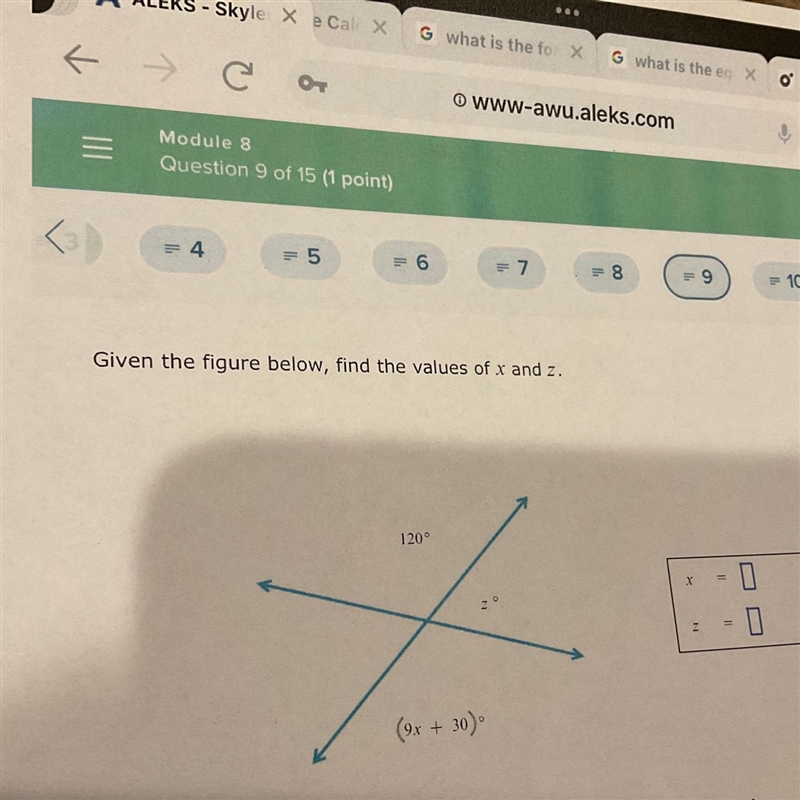 Given the figure below, find the values of x and z. 120° (9x + 30).-example-1