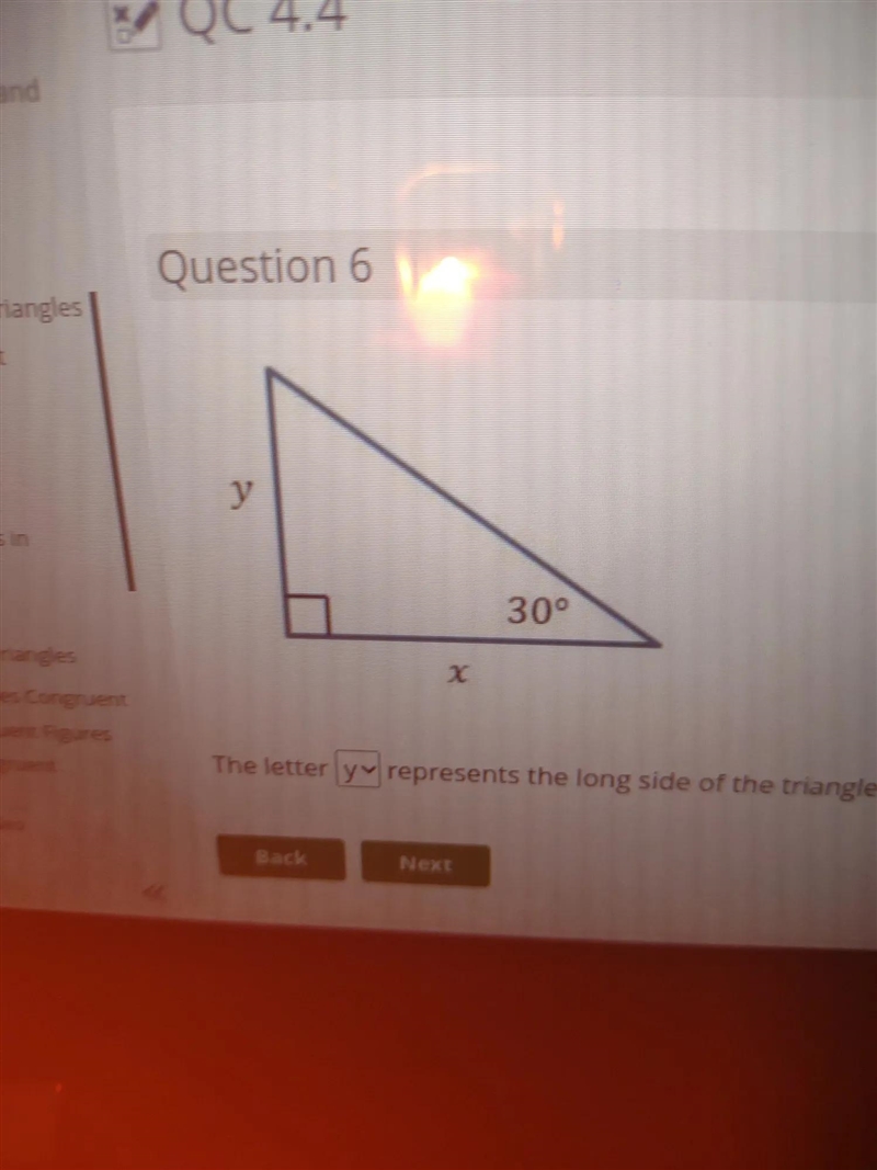 The letter y or x is represented the long side of the triangle-example-1