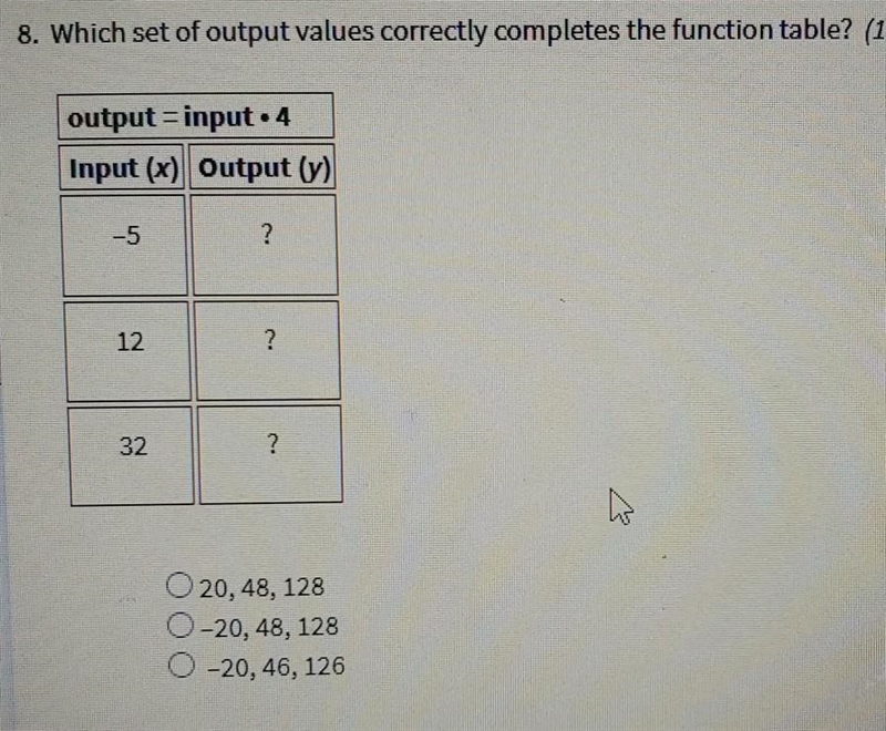 Which set of output values correctly completes the function table?-example-1