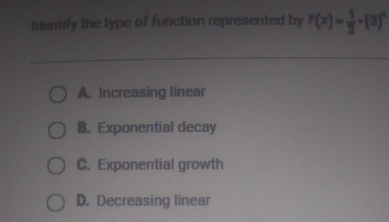 Identify the type of function represented by P(x)=3-(0)* O A. Increasing linear B-example-1