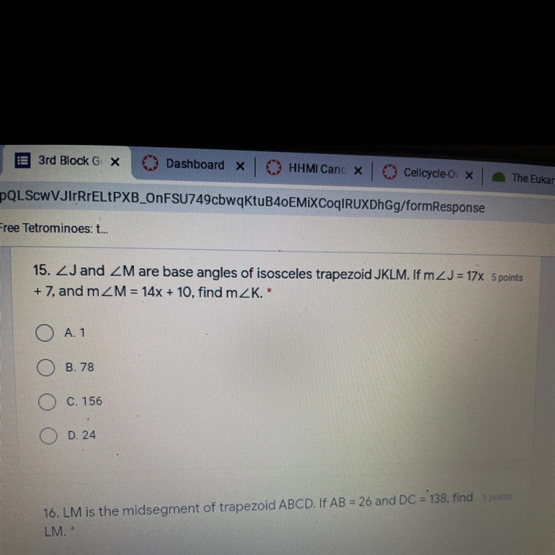 Angle J and angle M are base angles of isosceles trapezoid JKLM. If the measure of-example-1