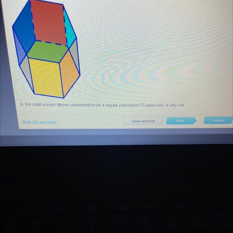 Is the solid shown above considered to be a regular polyhedron? Explain why or why-example-1