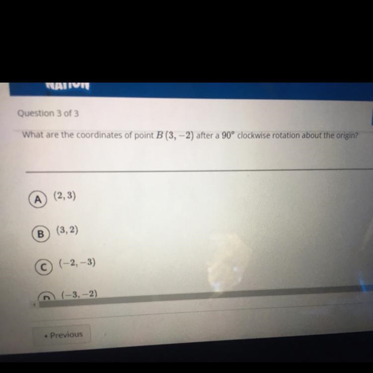 What are the coordinates of point B (3,-2) after a 90° clockwise rotation about the-example-1