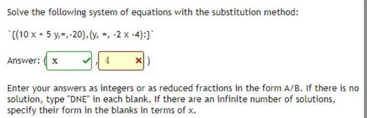 Solve the following system of equations with the substitution method:`{(10 x + 5 y-example-1