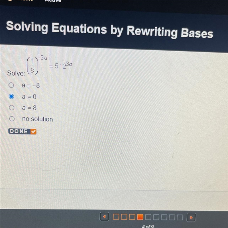 -3a = 51234 - Solve: O a=-8 a=0 a = 8 0 no solution-example-1