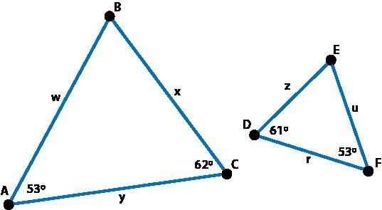 Decide whether the triangles are similar. If so, determine the appropriate expression-example-1