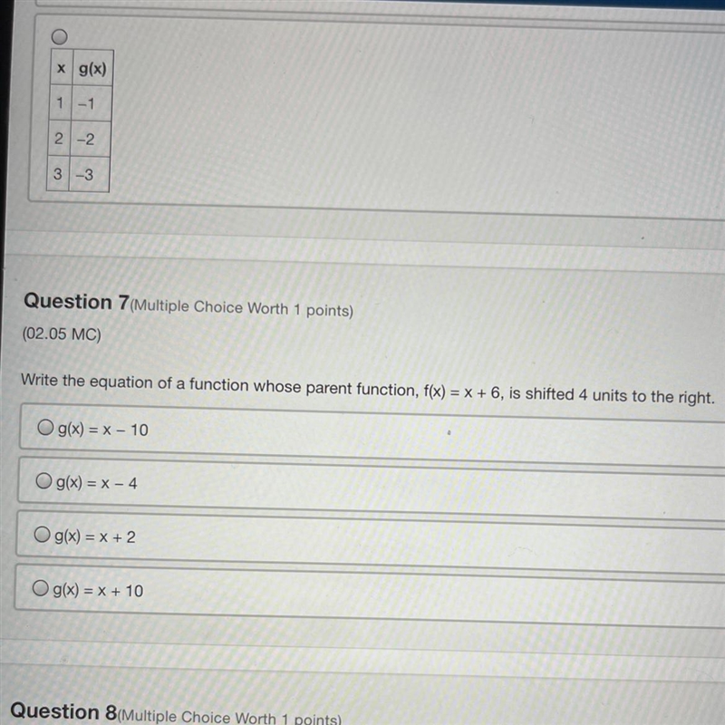 Question 7(Multiple Choice Worth 1 points) (02.05 MC) Write the equation of a function-example-1