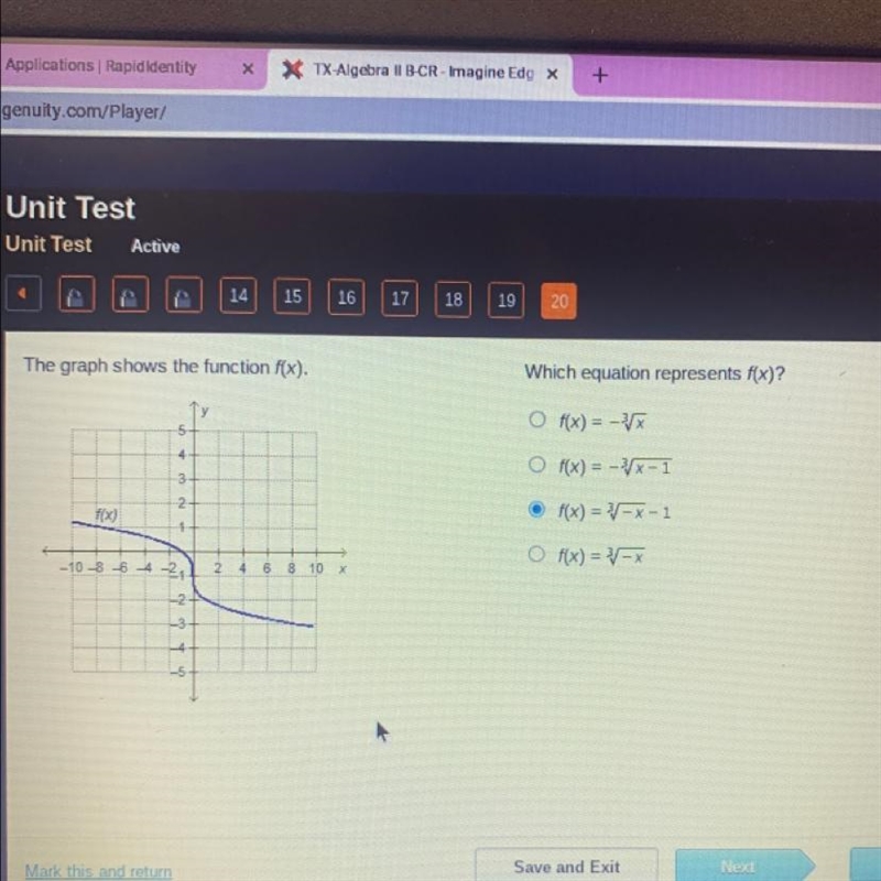 The graph shows the function f(x). f(x) Which equation represents f(x)? a.f(x) = -√√x-example-1