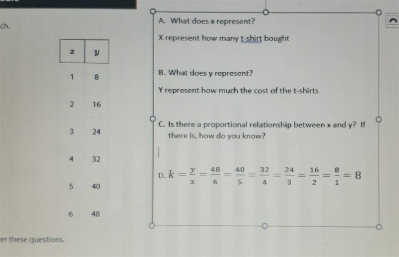 can I get some help in letter C to explain the proportional relationship. Some t shirt-example-1