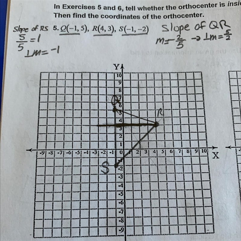 Tell whether the orthocenter is is orthocenter is inside, on, or outside the triangle-example-1