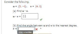 (b) Find the angle between u and v to the nearest degree.-example-1