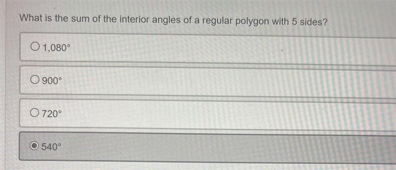 Help quick!! What is the sum of the interior angles of a regular polygon with 5 sides-example-1