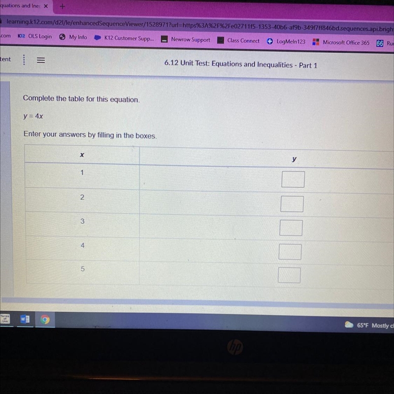 Complete the table for this equation. y = 4x Enter your answers by filling in the-example-1