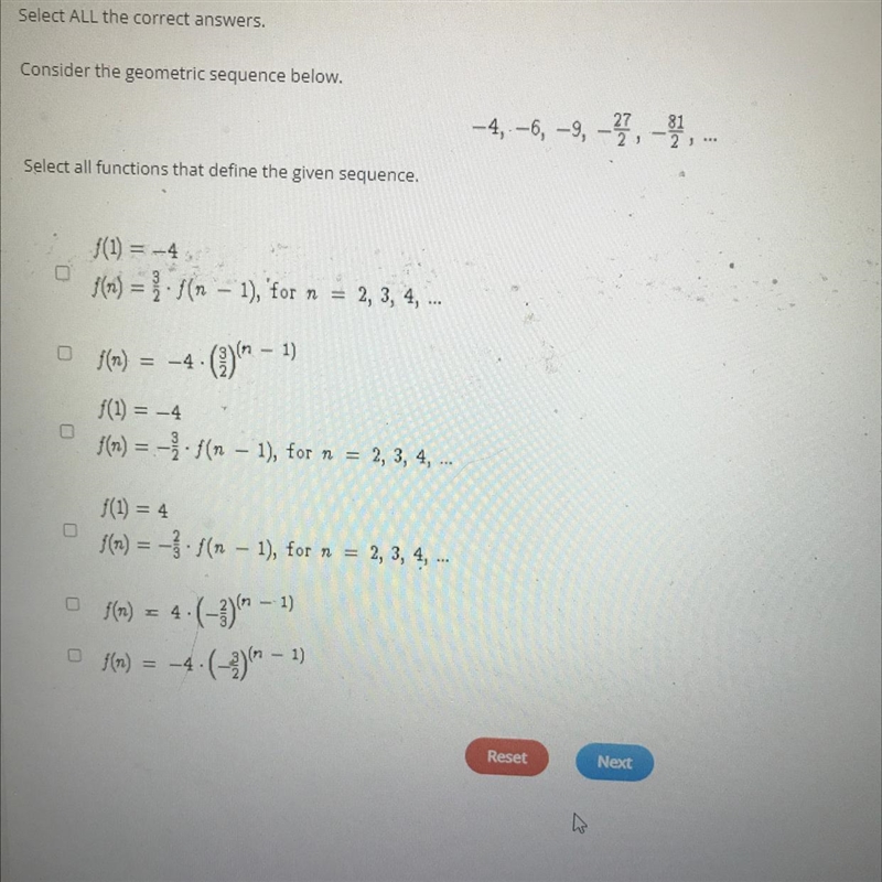 Select ALL the correct answers.Consider the geometric sequence below.Select all functions-example-1