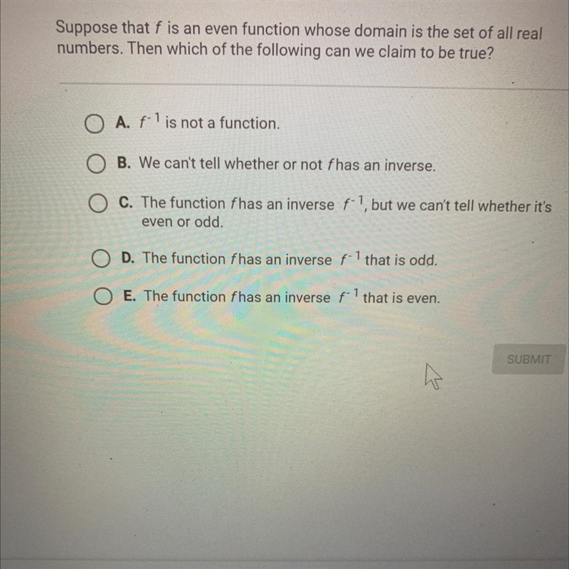 Suppose that f is an even function whose domain is the set of all real numbers. Then-example-1