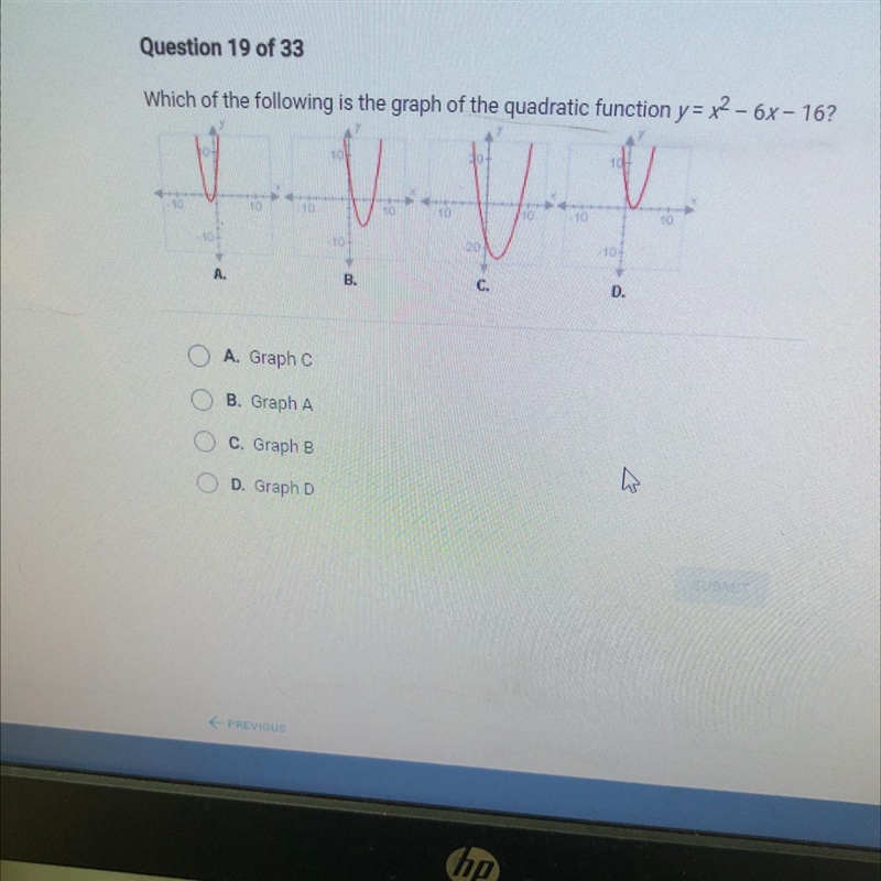 Which of the following is the graph of the quadratic function y = x2 - 6x-16?101010110A-example-1