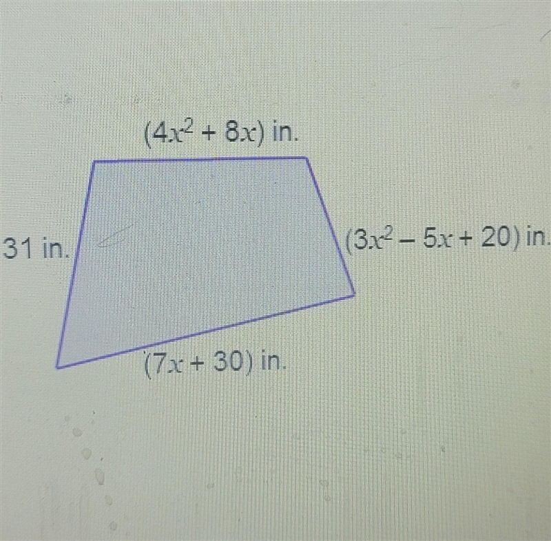 Find the perimeter of the quadrilateral. If x=2, the perimeter is (blank) inches.​-example-1