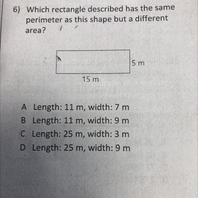 What rectangle described has the same perimeter as this shape but different area-example-1